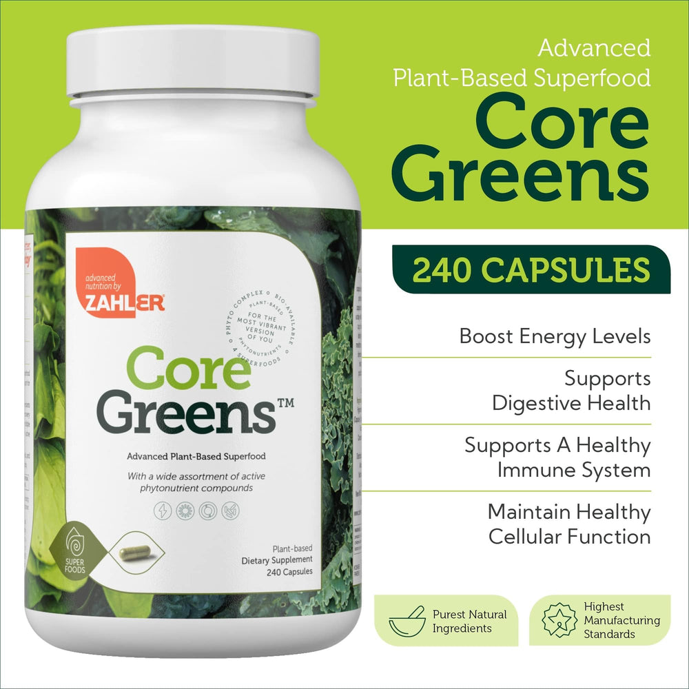 Kosher certification badge on Zahler Core Greens label
