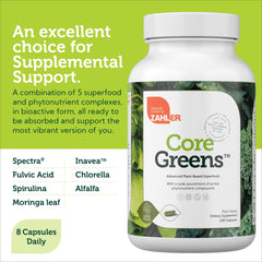 Glossy Zahler Core Greens bottle with green capsules