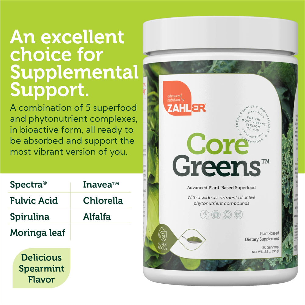 Kosher and non-GMO certification icons with Core Greens
