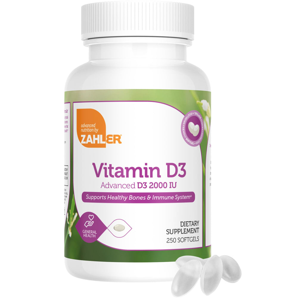 Close-up of Zahler D3 2000 IU softgel capsules