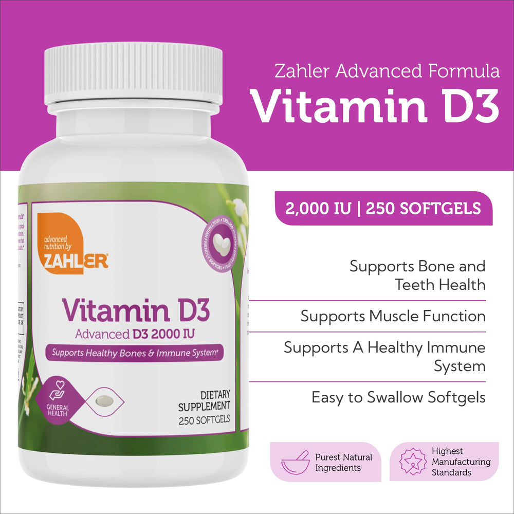 Front view of Zahler Vitamin D3 bottle label