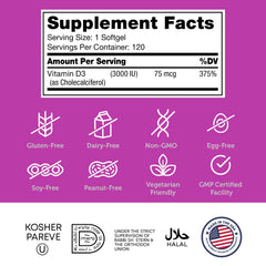 Nutritional label for Zahler Vitamin D3 3000 IU Softgels