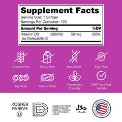 Supplement facts and ingredients panel of Zahler Vitamin D3