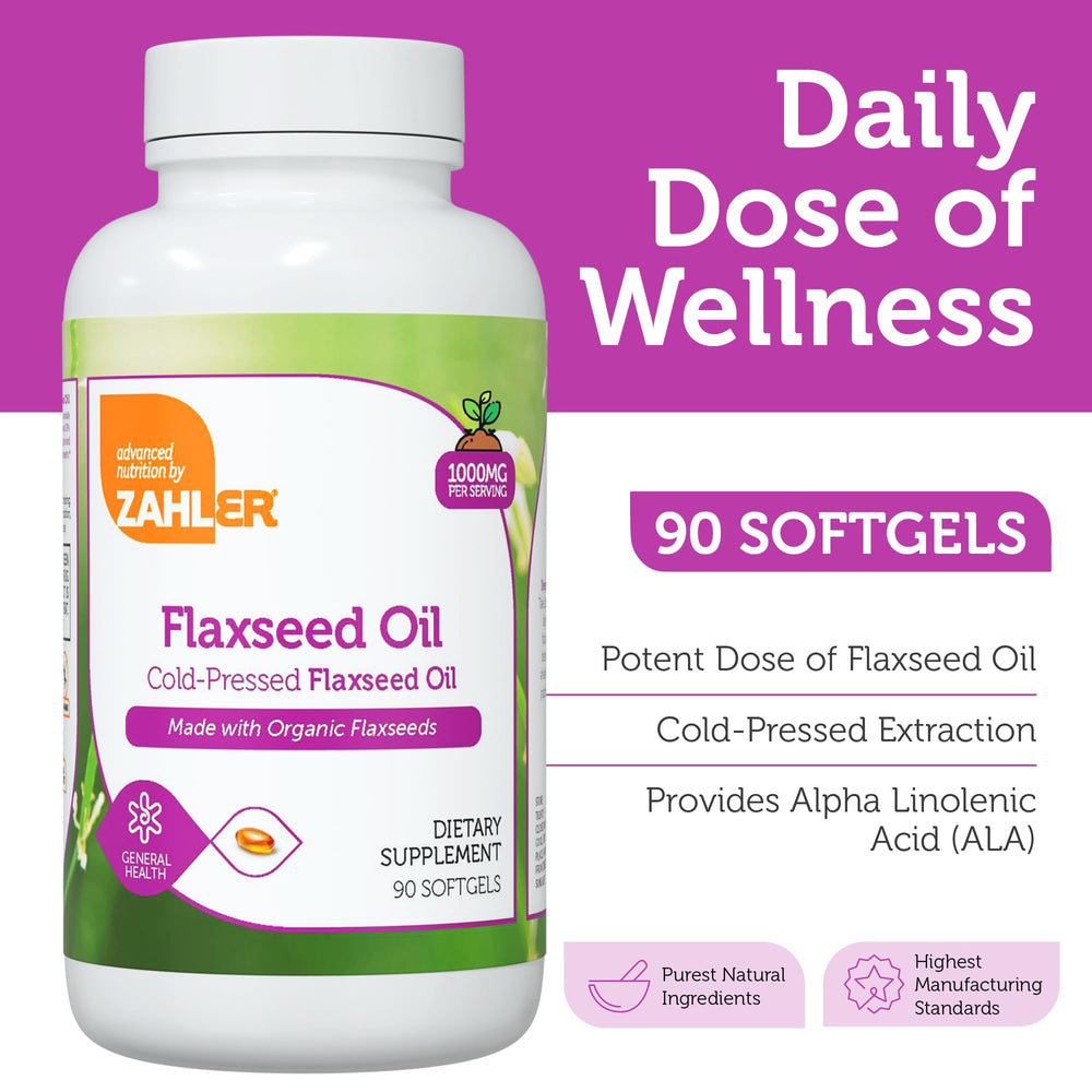 Label on Zahler Flaxseed Oil bottle showing 1000 mg per softgel