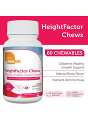 Close-up of HeightFactor Chews tablets with vitamin and mineral information