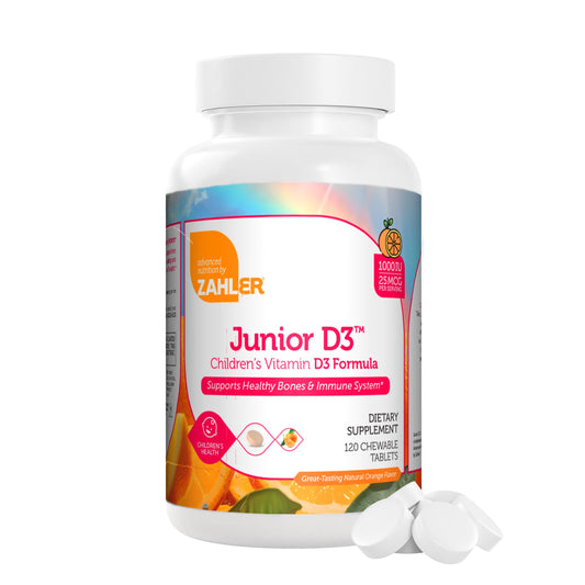 Front view of Zahler Junior D3 1000 IU kids chewables bottle