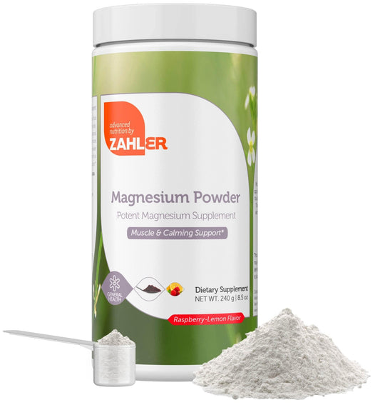 Front view of Zahler Magnesium Powder Raspberry Lemon 8.5 oz container