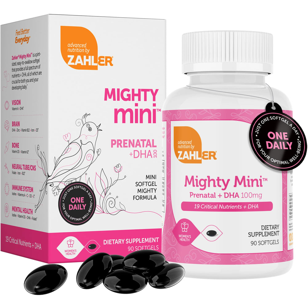 Zahler Mighty Mini Prenatal Vitamin bottle with 90 softgels