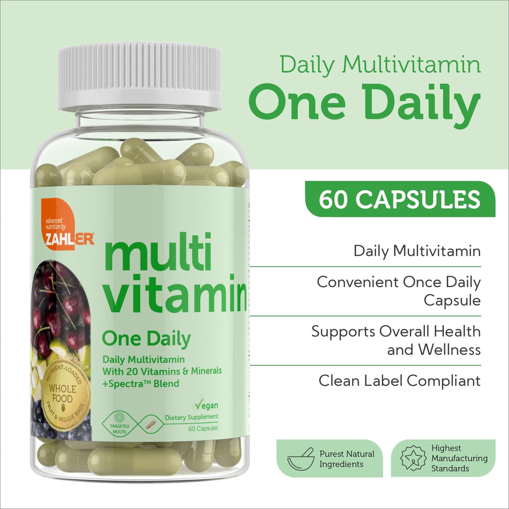 Close-up of Zahler multivitamin ingredients and nutrition label
