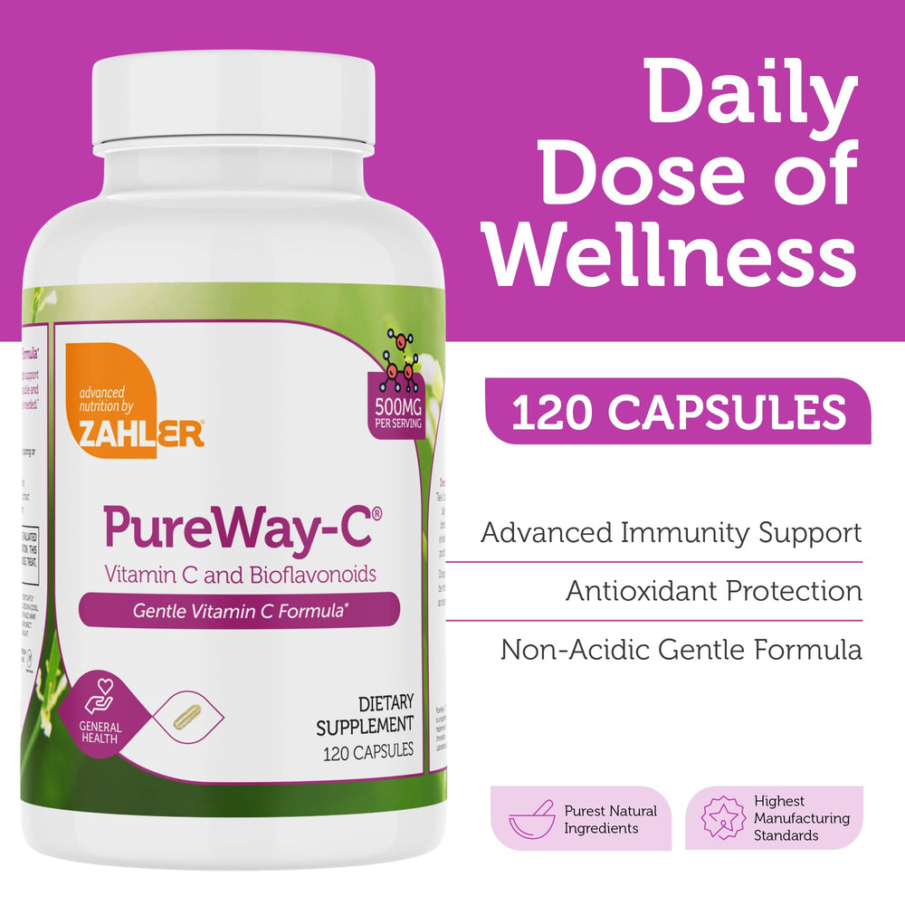 Close-up of Zahler PureWay-C 500mg capsule highlighting calcium ascorbate