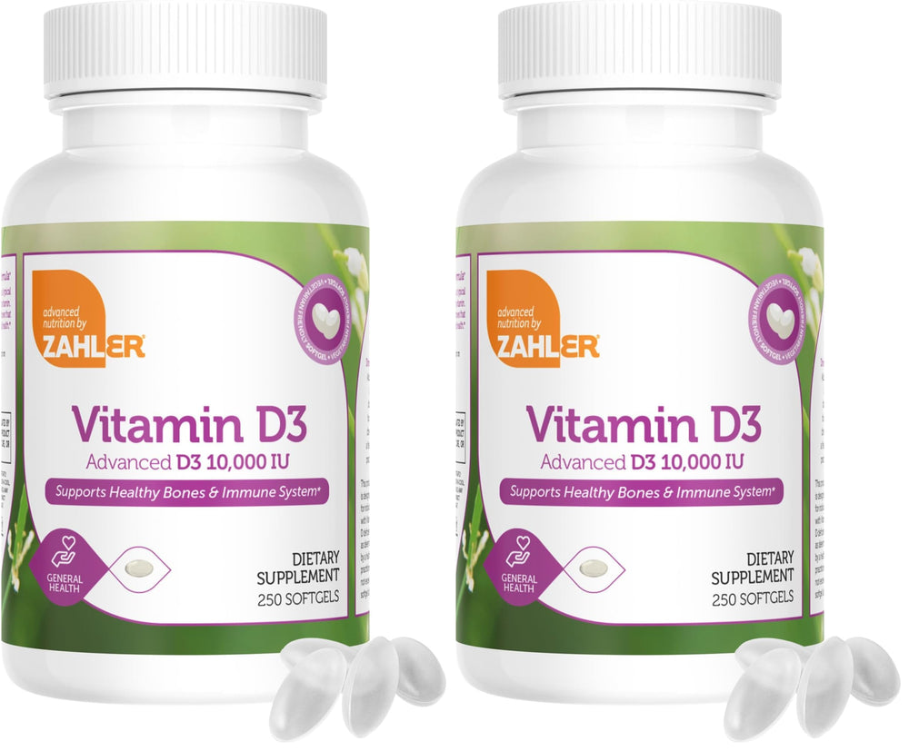 Zahler Vitamin D3 10000 IU softgels in bottle, two-pack