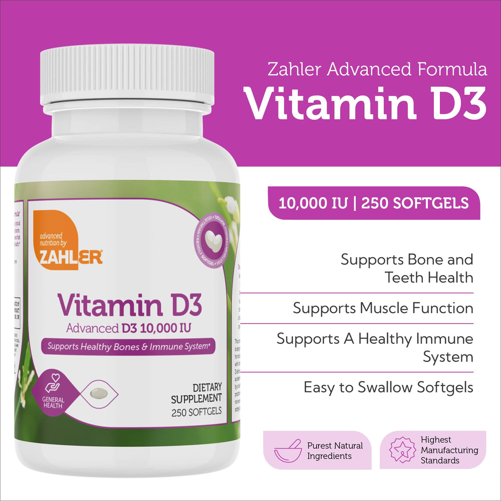 Close-up of Zahler Vitamin D3 10000 IU label