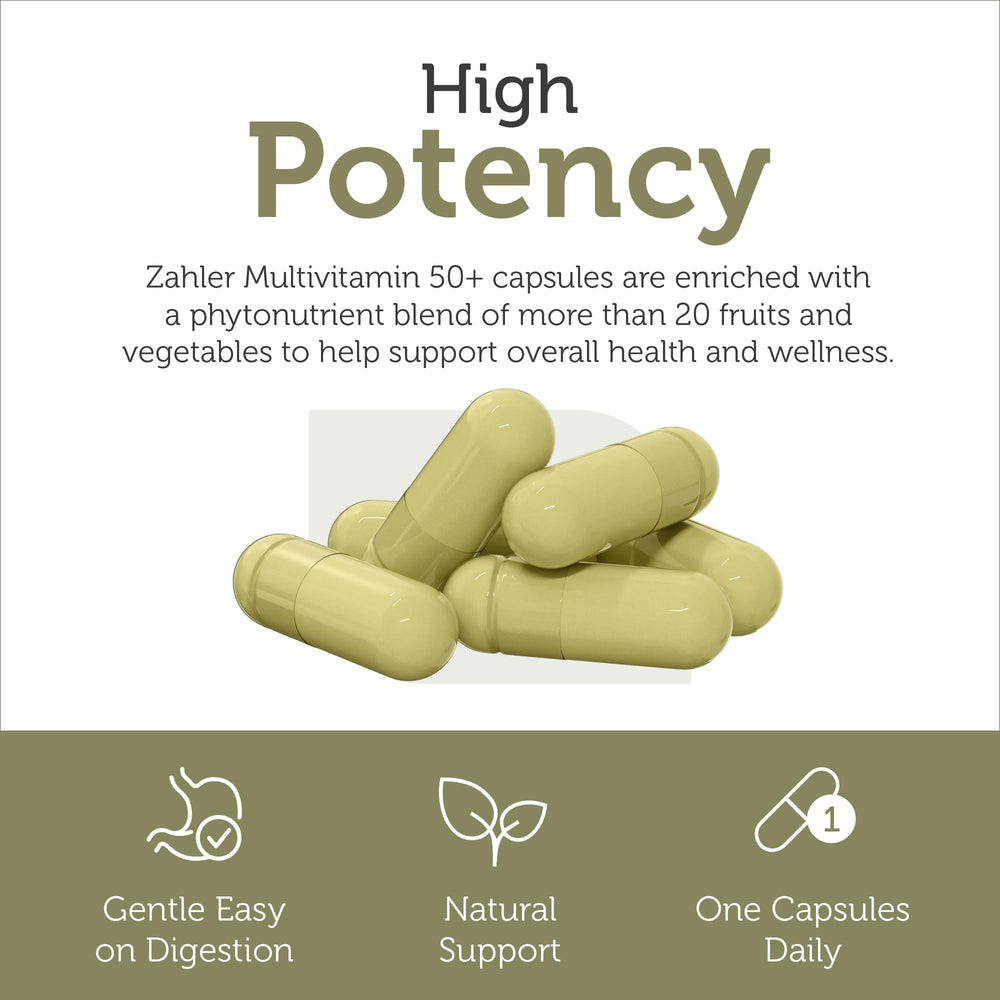60-cap bottle of Zahler Multivitamin 50+ for seniors