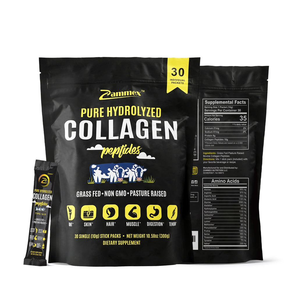 Zammex Premium Collagen Peptides Powder Travel Packets Type I and III