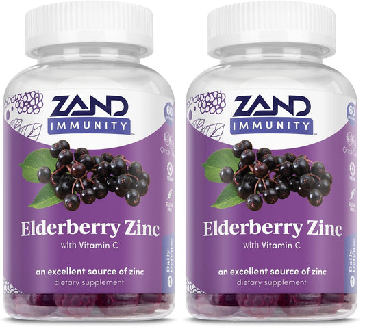 ZAND Elderberry Zinc Immunity Gummies bottle label showing 60 gummies per bottle in a 2-pack