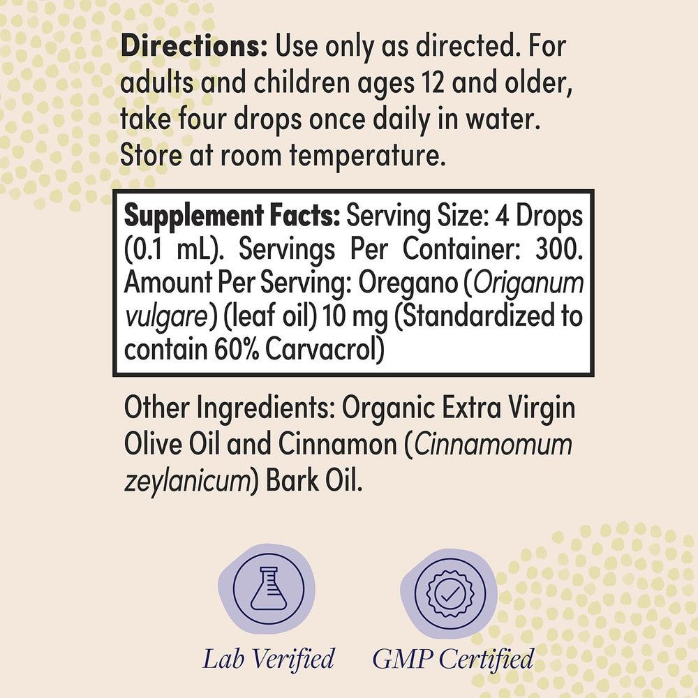 Front label of Zand Herbals Oregano Oil Drops showing 60 percent carvacrol
