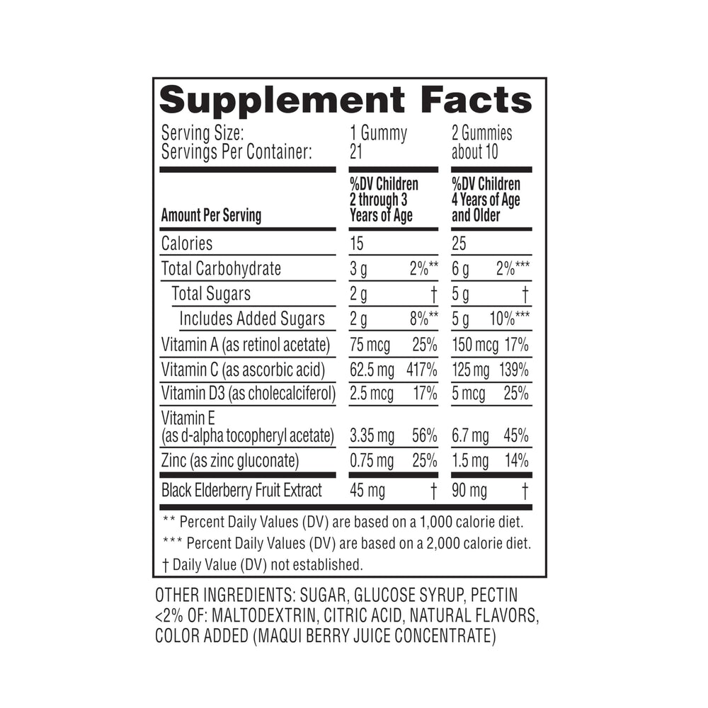 Close-up of ingredients showing elderberry and vitamins A C D E plus zinc