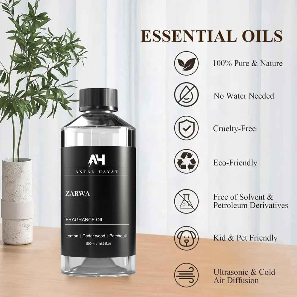 Zarwa diffuser oil packaging and bottle on display