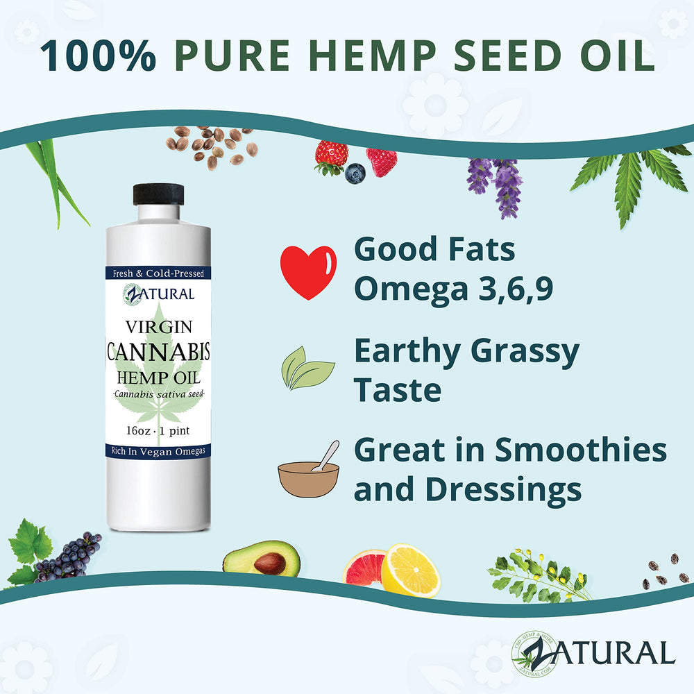 Piles of nutritious foods served with hemp oil