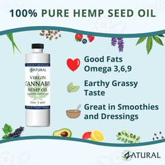 Piles of nutritious foods served with hemp oil