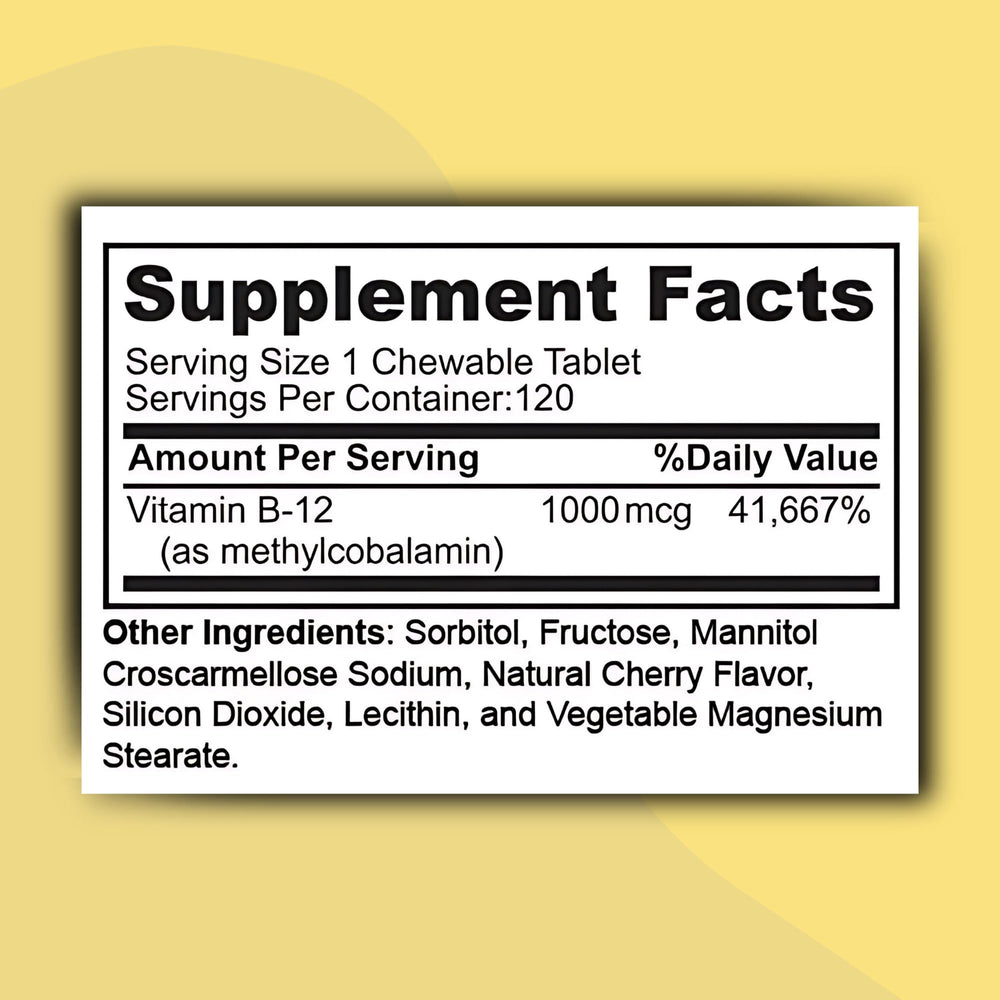 Cherry-flavored Vitamin B12 chewables with 1000mcg label