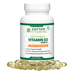 Zaytun Halal Vitamin D3 5000 IU bottle with 180 mini softgels