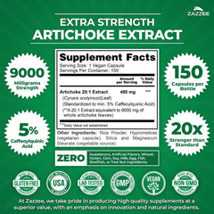 Close-up of Artichoke Extract capsules showing 9000 mg strength