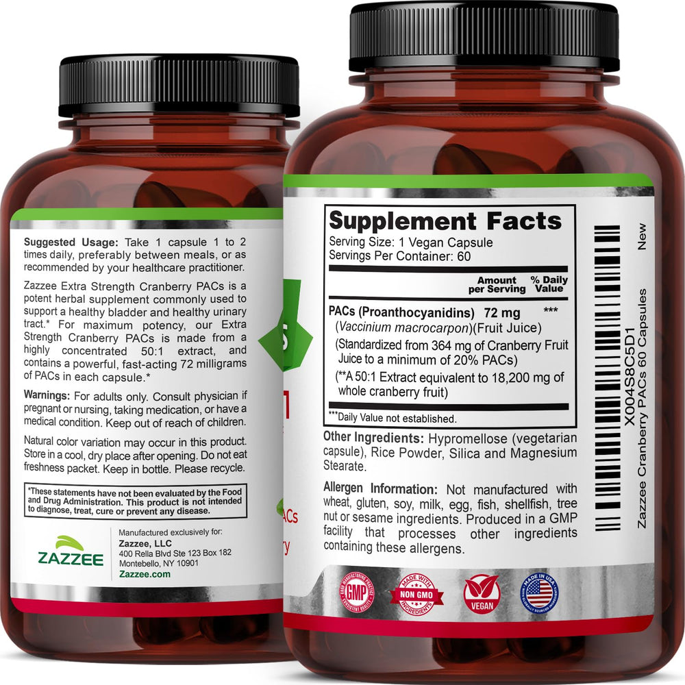 Retail display shot of Zazzee Cranberry PACs bottle