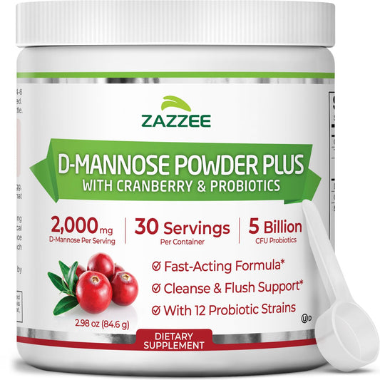 Front label of Zazzee D-Mannose Powder Plus bottle