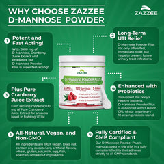 Zazzee D-Mannose Powder Plus jar with measuring guide for servings