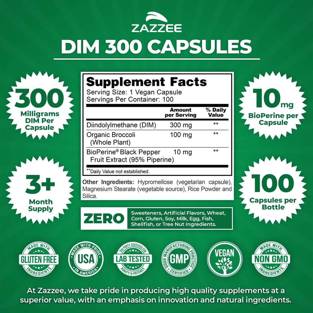 Zazzee DIM 300mg bottle packaging on shelf suggests a 100-count value and long supply