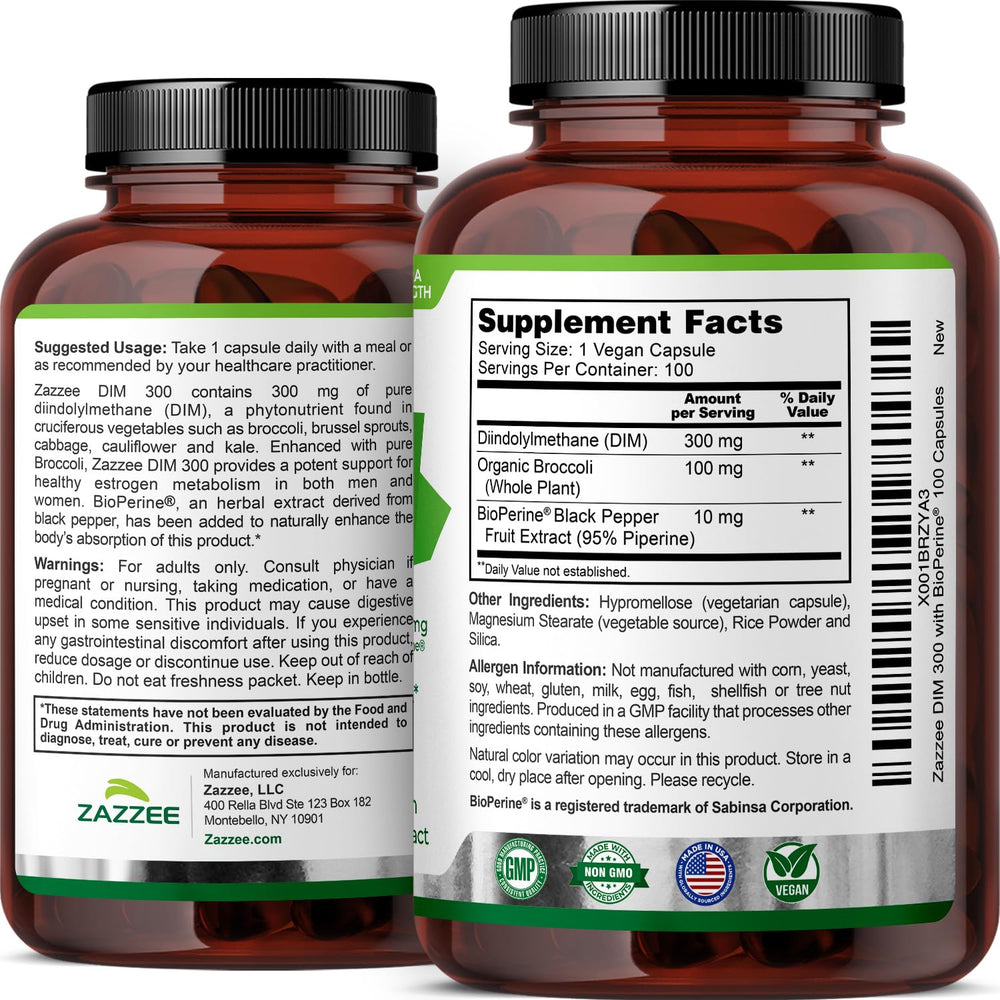 Zazzee DIM 300mg label highlights non-GMO and allergen-free ingredients