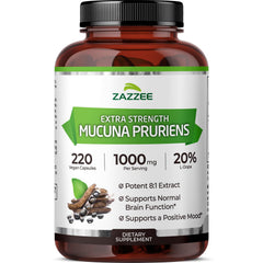 Bottle of Zazzee Extra Strength Mucuna Pruriens 8:1 extract with 220 vegan capsules