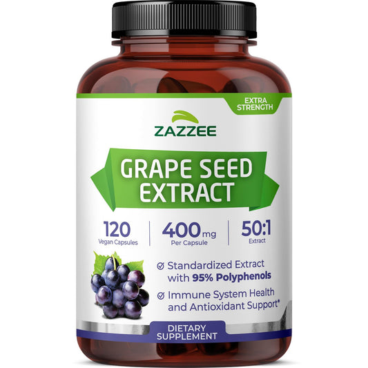 Bottle of Zazzee Grape Seed Extract with 120 vegan capsules