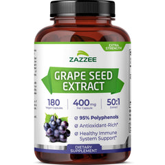 Bottle of Zazzee High Strength Grape Seed Extract 50:1 with 180 vegan capsules