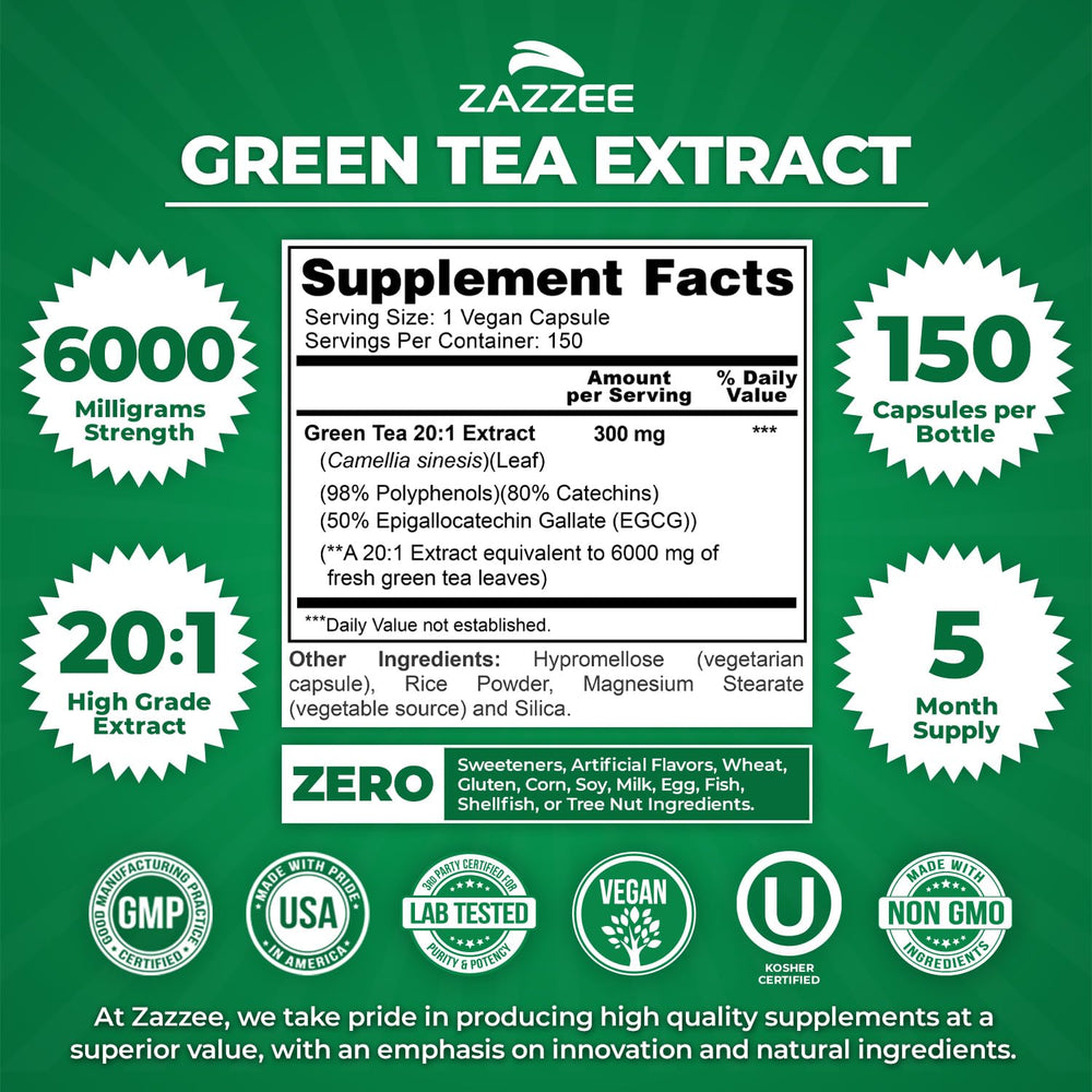 Close-up of 6000 mg strength per Green Tea Extract capsule