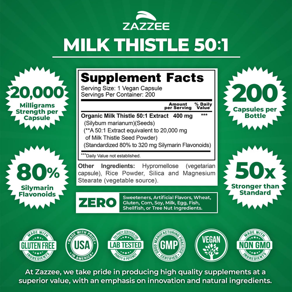 Close-up of Milk Thistle 50:1 Extract bottle showing 200 capsules
