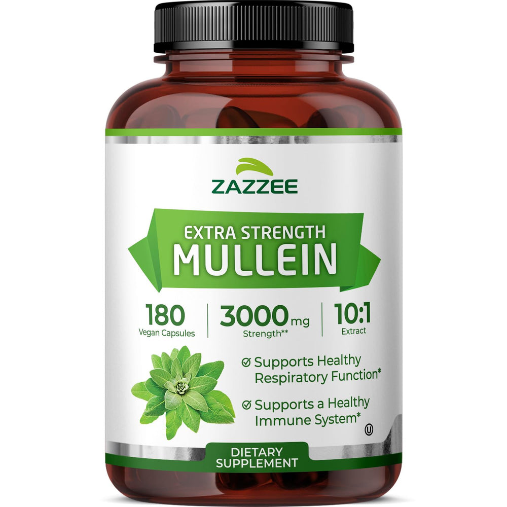 Bottle of Zazzee Extra Strength Mullein 10x extract 3000 mg per capsule, 180 vegan capsules, USA made