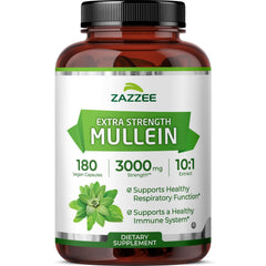 Bottle of Zazzee Extra Strength Mullein 10x extract 3000 mg per capsule, 180 vegan capsules, USA made