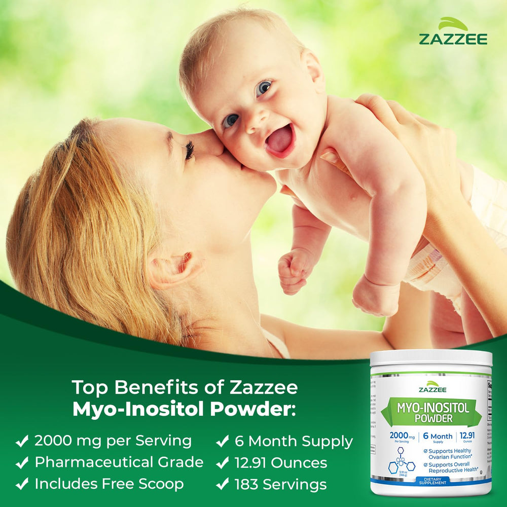 Zazzee Myo-Inositol scoop included illustrating precise dosage for daily intake