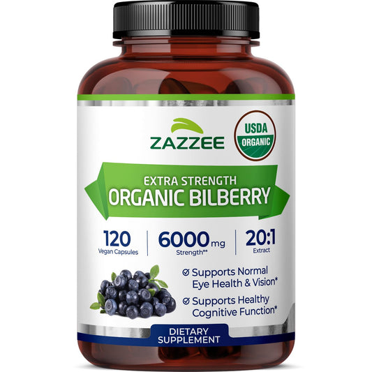 Front label of Zazzee Organic Bilberry 20:1 Extract showing 6000 mg per capsule