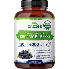 Front label of Zazzee Organic Bilberry 20:1 Extract showing 6000 mg per capsule
