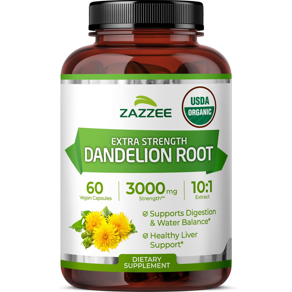 Zazzee Organic Dandelion Root 10:1 Extract bottle with 60 capsules, 3000 mg per capsule
