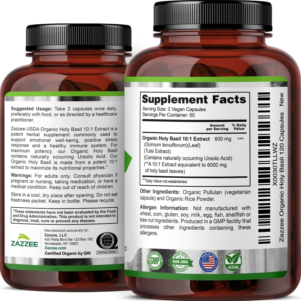 Front view of Zazzee Organic Holy Basil bottle