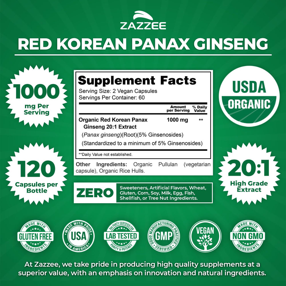 Capsules of Zazzee Organic Red Korean Panax Ginseng