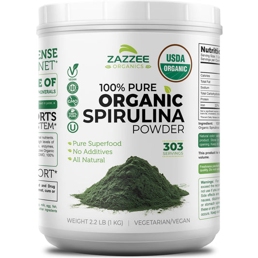 Front view of Zazzee Organic Spirulina Powder 2.2 lb