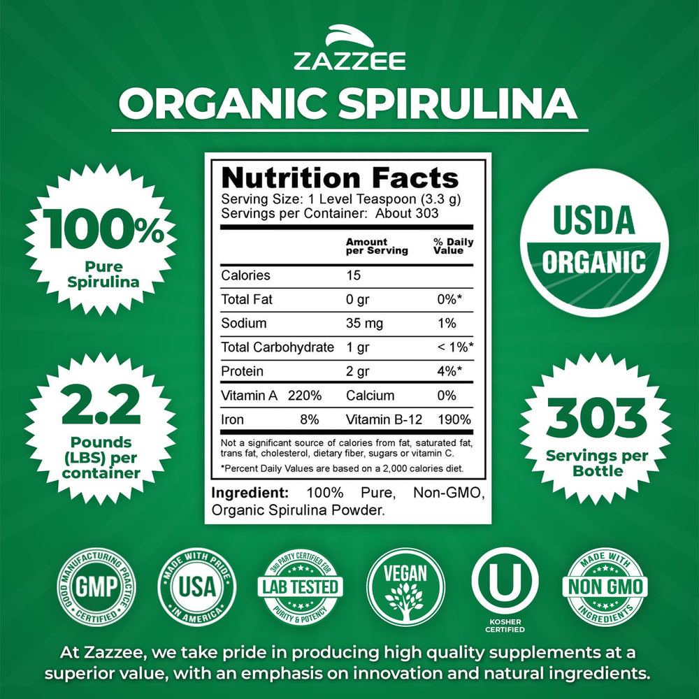 Wide-mouth container opened for easy scooping of Zazzee Organic Spirulina Powder.