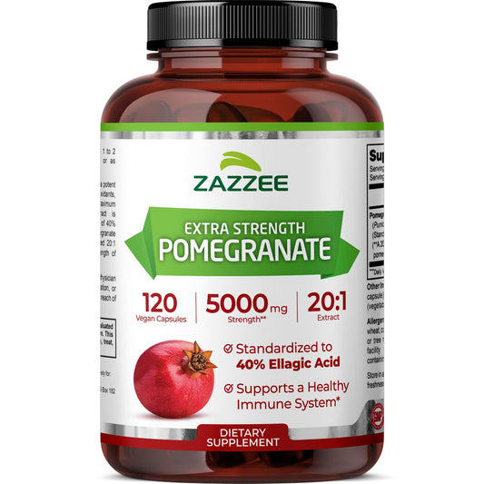 Front view of Zazzee Extra Strength Pomegranate 20:1 Extract bottle (5000 mg).