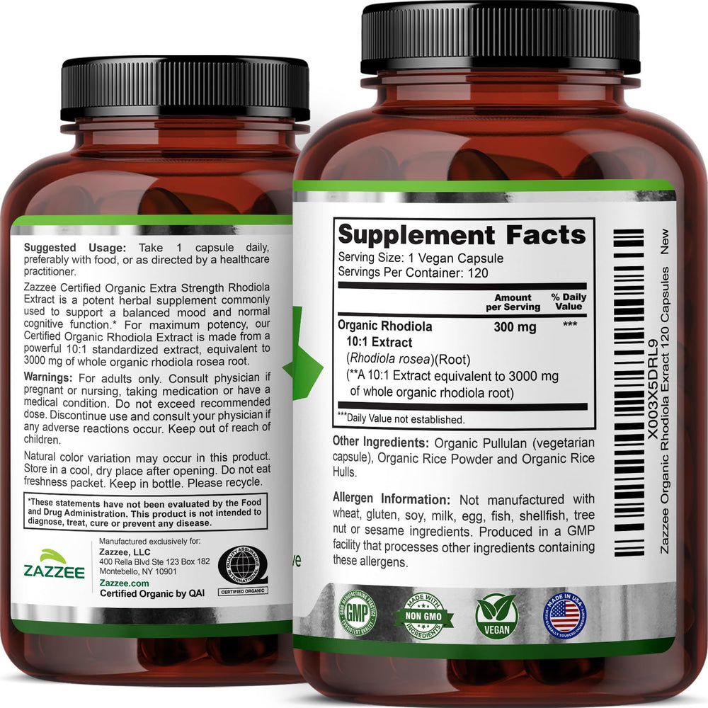 Ingredient label highlighting organic Rhodiola extract