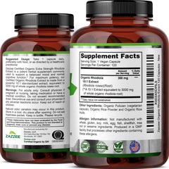 Ingredient label highlighting organic Rhodiola extract